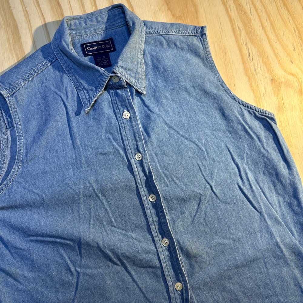 Charter Club Womens Size 8 Blue Sleeveless Denim Button Down Shirt 100% Cotton